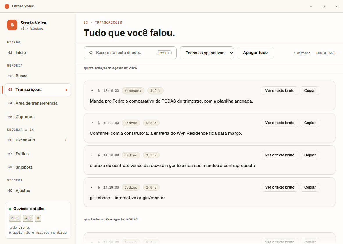 A janela do Strata Voice na tela de Transcrições, com a lista de ditados do dia.